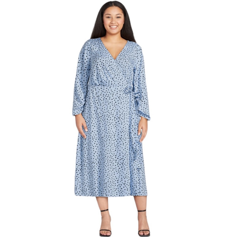Beach Lunch Lounge Spotted Long Sleeve Midi Wrap Dress XL